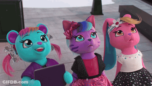 Three Stuffed Animals Are Standing Next To Each Other And One Of Them Is Holding A Tablet GIF