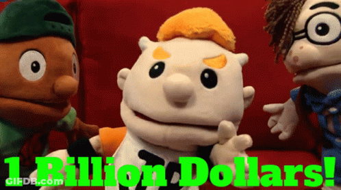 Three Stuffed Animals Are Standing Next To Each Other With The Words 1 Billion Dollars In Green Letters GIF