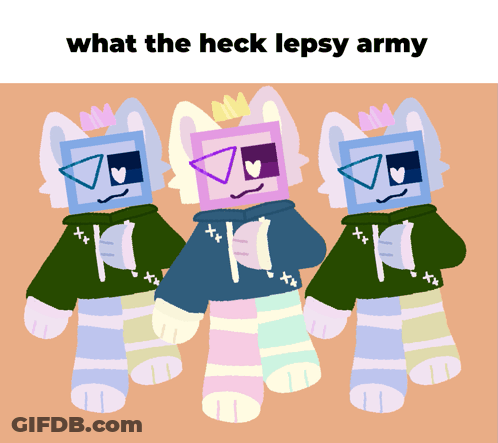 Three Stuffed Animals Are Standing Next To Each Other With The Words What The Heck Lepsy Army Below Them GIF