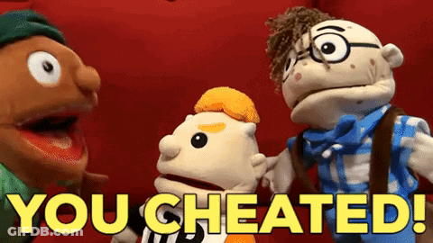 Three Stuffed Animals Are Standing Next To Each Other With The Words " You Cheated " Written In Yellow GIF