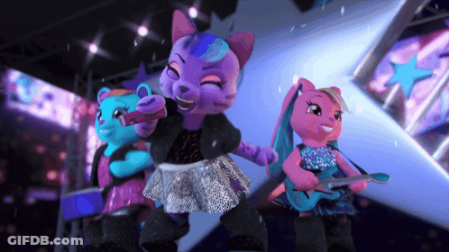 Three Stuffed Animals On A Stage With One Holding A Microphone And One Holding A Guitar GIF