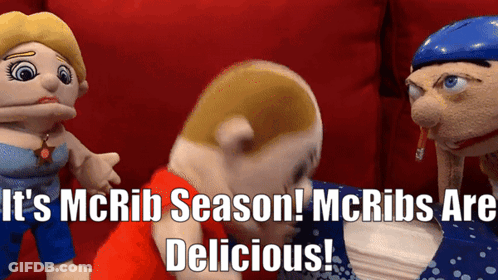 Three Stuffed Animals On Red Couch Saying It's McRib Season GIF
