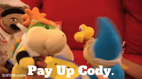 Three Stuffed Animals On Red Couch Saying Pay Up Cody GIF
