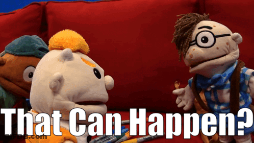 Three Stuffed Animals On Red Couch Saying That Can Happen GIF