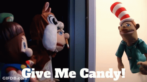 Three Stuffed Animals Saying Give Me Candy GIF