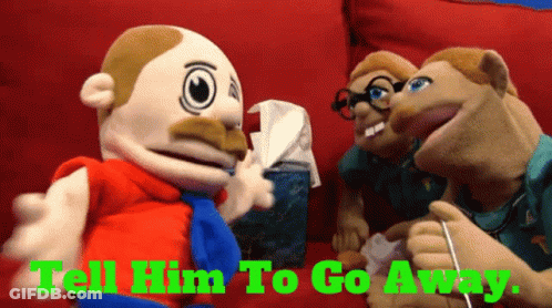 Three Stuffed Animals Sitting On A Red Couch With The Words Tell Him To Go Away In Green Letters GIF
