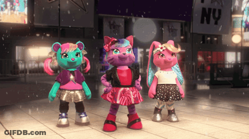 Three Stuffed Animals Standing In Front Of A Sign That Says Ny GIF