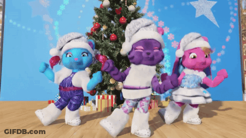 Three Stuffed Animals Wearing Santa Hats Are Standing In Front Of A Christmas Tree GIF