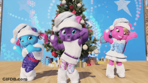 Three Stuffed Animals Wearing Santa Hats Dancing In Front Of A Christmas Tree GIF