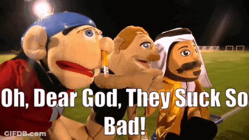 Three Stuffed Animals With The Words Oh Dear God They Suck So Bad Written Below Them GIF