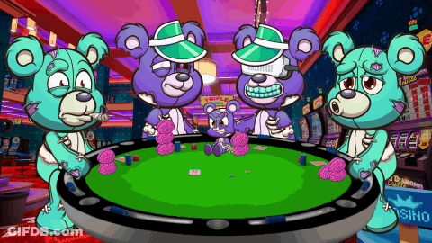Three Teddy Bears Playing Poker In A Casino GIF