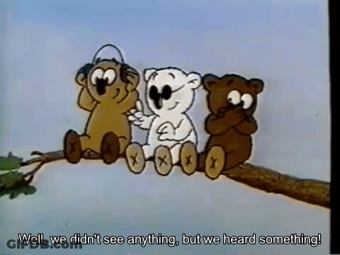 Three Teddy Bears With Headphones On Tree Branch GIF