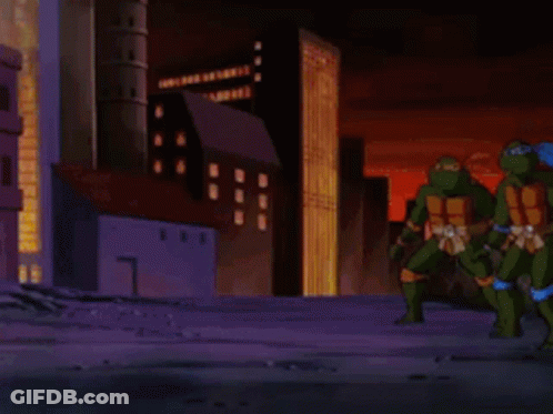Three Teenage Mutant Ninja Turtles Standing In Front Of A Yellow Taxi GIF