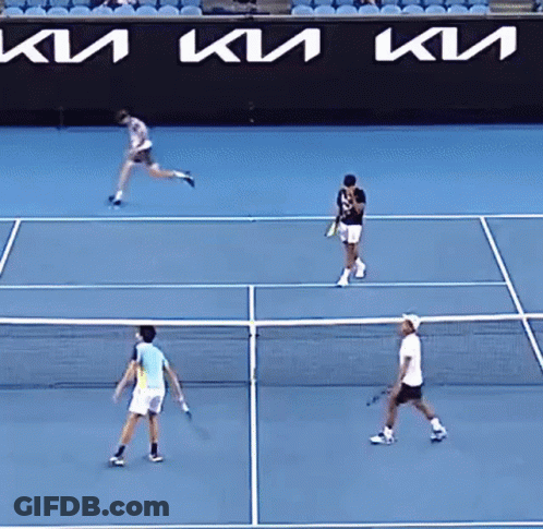 Three Tennis Players On Court With Kia Sign GIF