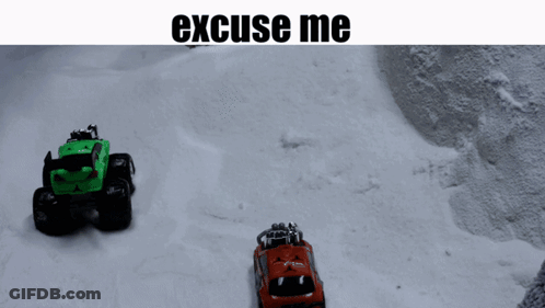 Three Toy Cars Are Driving Down A Snowy Road And The Words Excuse Me Are Above Them GIF