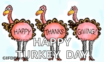 Three Turkeys Holding Happy Thanksgiving Signs GIF