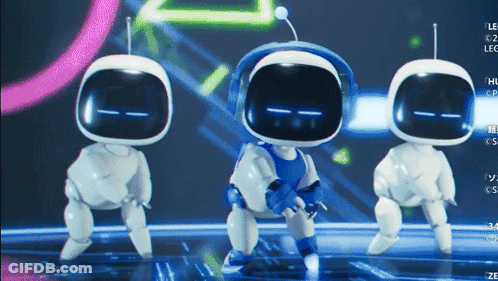 Three White Robots Are Dancing In Front Of A Screen That Says Ze GIF