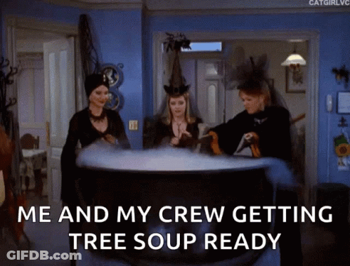 Three Witches Around Cauldron Saying Me And My Crew Getting Tree Soup Ready GIF