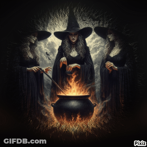 Three Witches Preparing Potion In Cauldron GIF