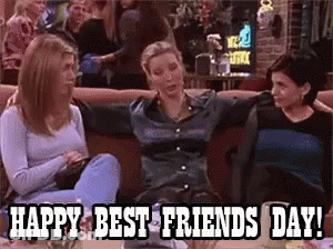 Three Women Are Hugging Each Other On A Couch With The Words Happy Best Friends Day GIF