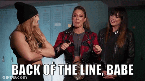 Three Women Are Standing In A Locker Room With The Words Back Of The Line Babe Written On The Bottom GIF