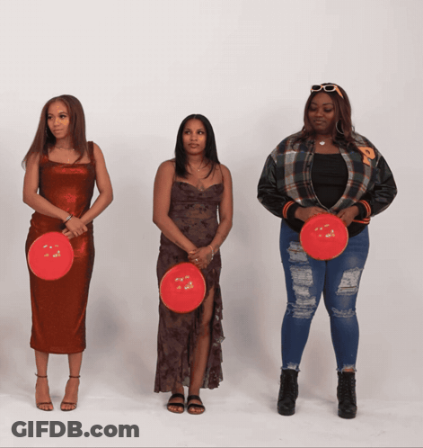 Three Women Are Standing Next To Each Other Holding Red Balloons With The Letter P On Them GIF
