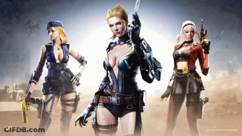 Three Women Are Standing Next To Each Other With Guns And The Word Crossfire On The Bottom Right GIF
