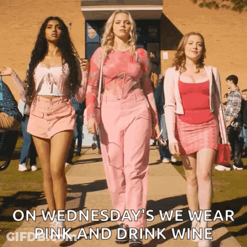 Three Women Are Walking Down A Sidewalk With The Caption On Wednesday We Wear Pink And Drink Wine GIF