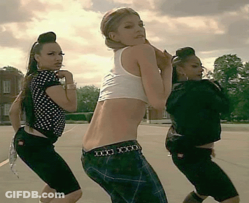Three Women Dancing In Parking Lot, One Belt Says XXX GIF