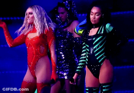 Three Women Dancing On Stage One In Red Leotard GIF