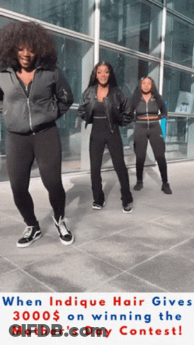 Three Women Dancing With Caption When Indicque Hair Gives 3000 $ GIF