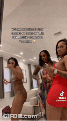 Three Women In Bikinis Standing In Living Room GIF