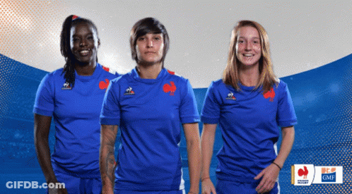 Three Women In Blue Jerseys With GMF Logo GIF