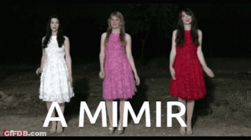 Three Women In Dresses Are Standing Next To Each Other With The Word A Mimir In White Letters GIF