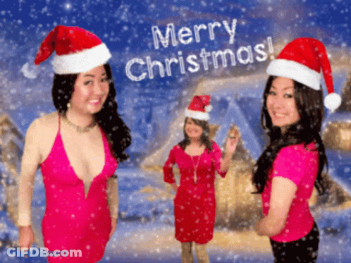 Three Women In Santa Hats Saying Merry Christmas GIF