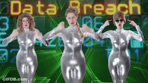 Three Women In Silver Jumpsuits Dance In Front Of A Screen That Says Data Breach GIF