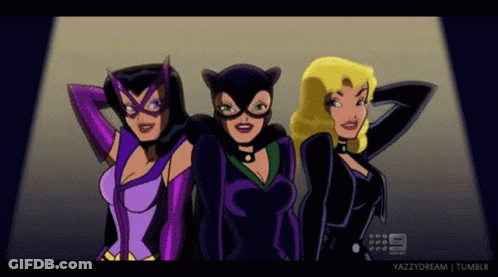 Three Women In Superhero Costumes Are Standing Next To Each Other With The Number 9 In The Background GIF
