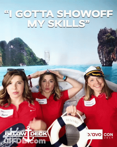 Three Women Pose For A Photo In Front Of A Sign That Says " I Gotta Show Off My Skills " GIF