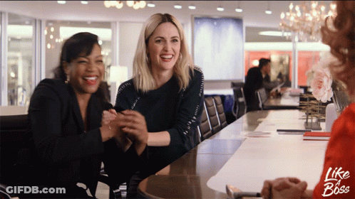 Three Women Sitting At A Table With The Words Like A Boss On The Bottom Right GIF