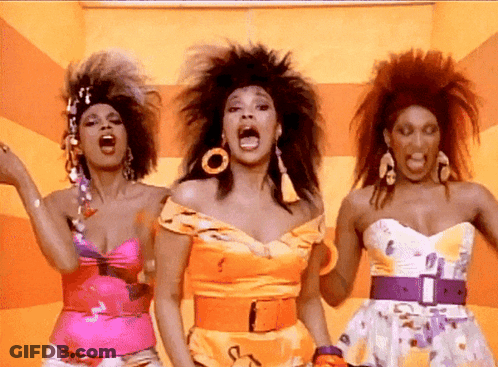 Three Women With Mouths Open In Front Of Striped Wall GIF