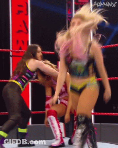 Three Women Wrestling In Ring Holding Hair GIF
