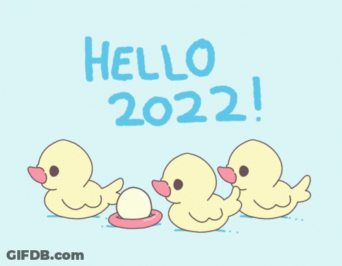 Three Yellow Ducks Are Standing Next To Each Other With The Words Hello 2022 Written Above Them GIF