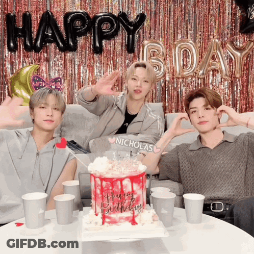 Three Young Men Sitting In Front Of Happy Birthday Cake GIF