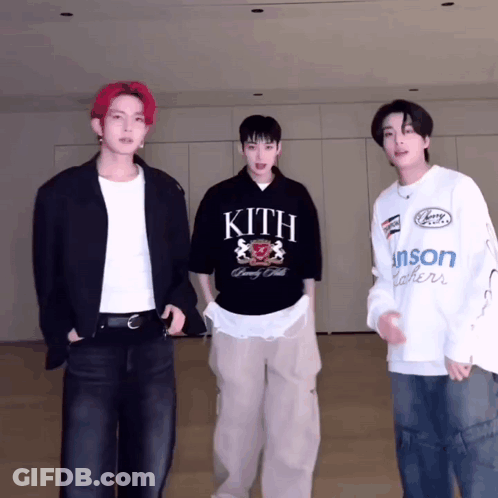 Three Young Men Standing Together One Wearing Kith Shirt GIF