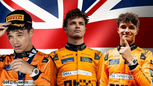Three Young Men Wearing Orange Shirts With Dell Technologies Written On Them Stand In Front Of A British Flag GIF