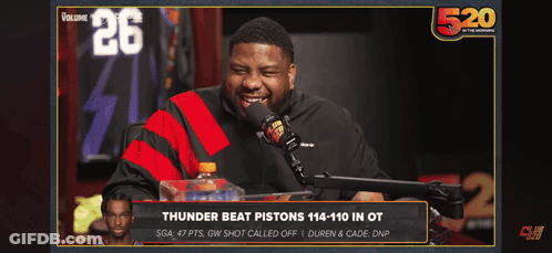 Thunder Beat Pistons 114-110 In Ot Is Shown On A Screen GIF