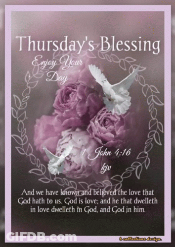 Thursday's Blessing Greeting Card With Purple Roses And White Doves GIF
