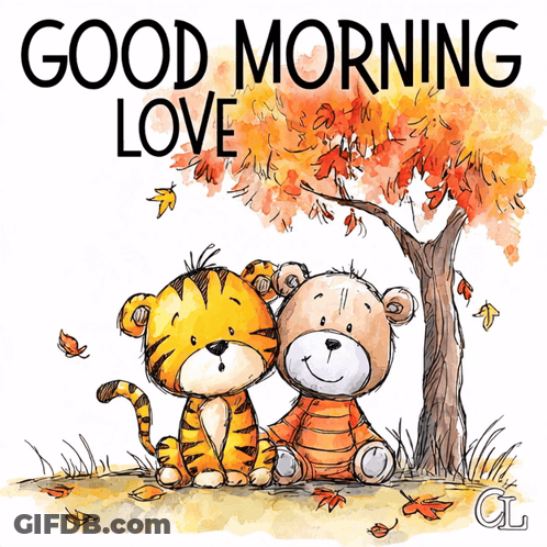 Tiger And Teddy Bear Under Tree Saying Good Morning Love GIF