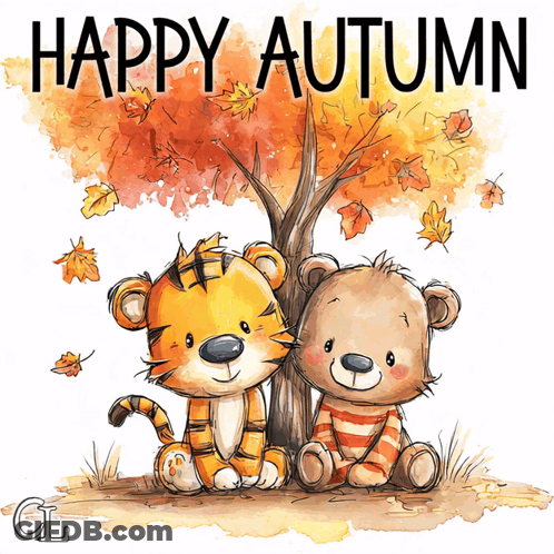 Tiger And Teddy Bear Under Tree Saying Happy Autumn GIF