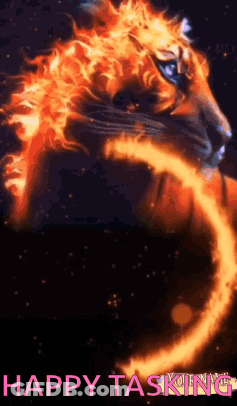 Tiger With Flames On Head Saying Happy Tasking GIF
